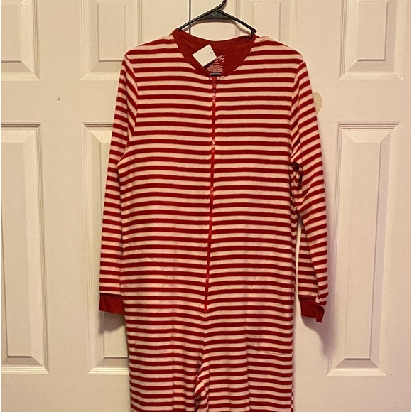 Nick and Nora One Piece Footsie Pajamas Red and White Striped Sock Monkey Feet - Picture 1 of 5